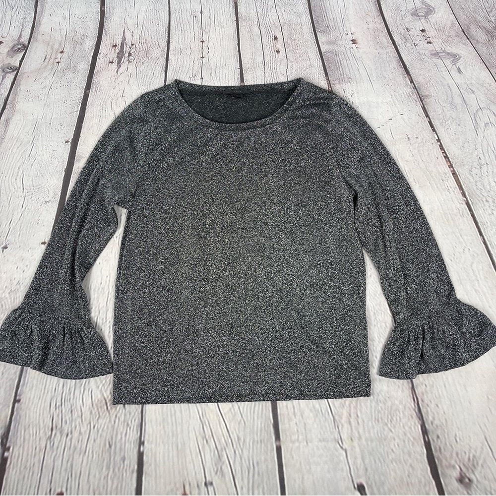 J.CREW grey silver metallic sparkle bell sleeve top, size M